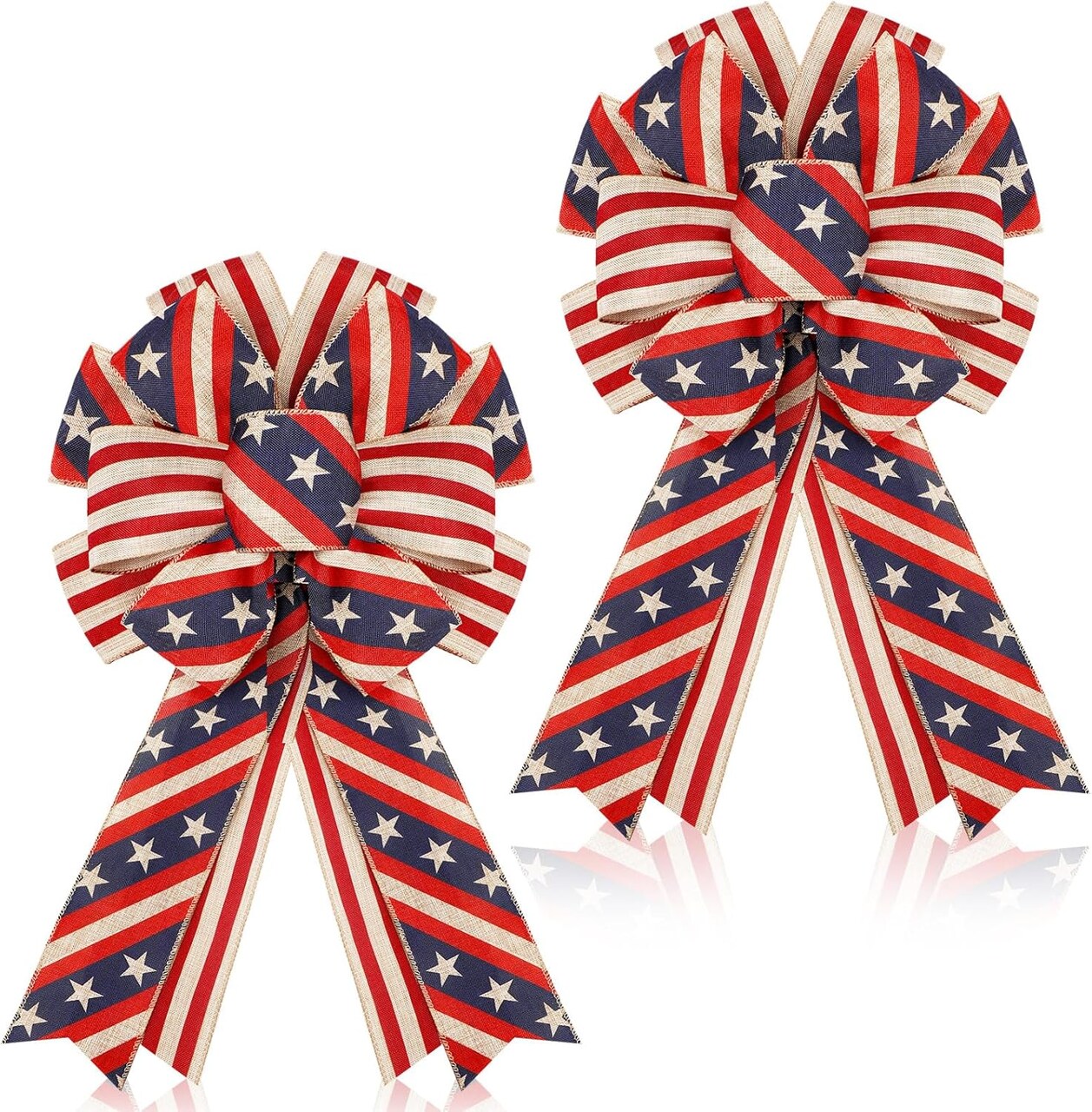 2 Pcs 4th of July Bows Red White Blue American Flag Patriotic Wreath Burlap Tree Topper for Indoor Outdoor Independence Day Memorial Day Party Decoration